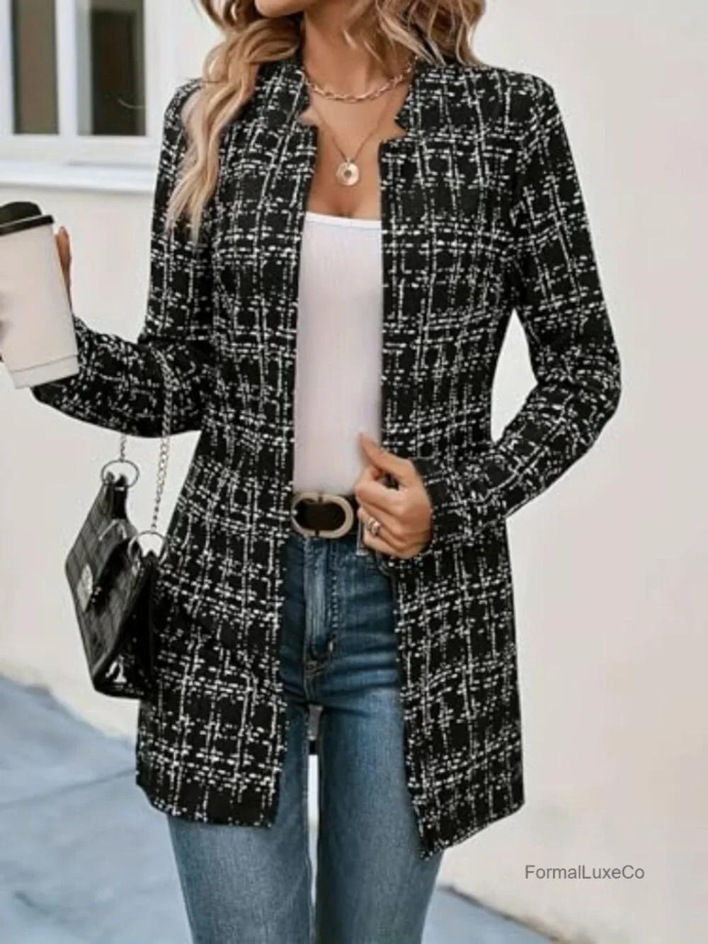 Women's Notch Lapel Plaid Tweed Blazer Open Front Long Sleeve Thigh Length